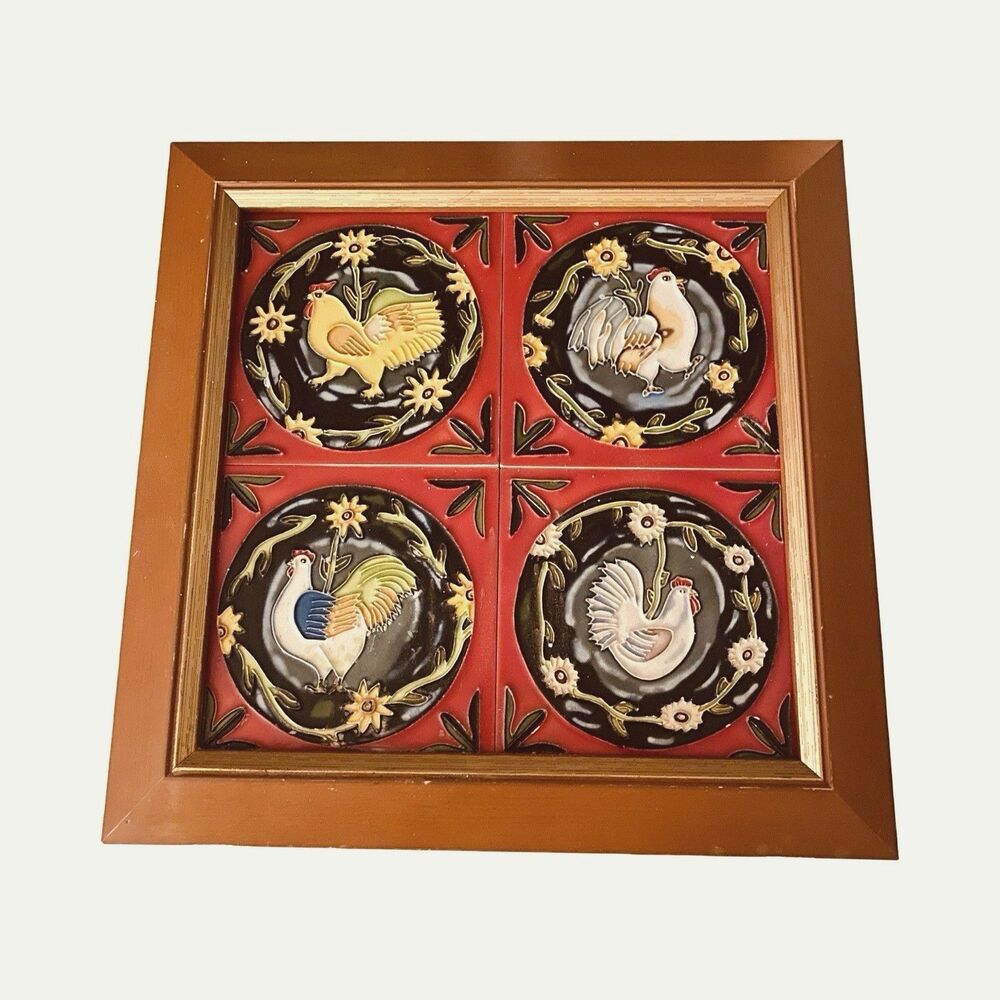 Vintage Rooster Tiles In Wood Frame 4 Ceramic Tiles Cottage Farm Americana Decor